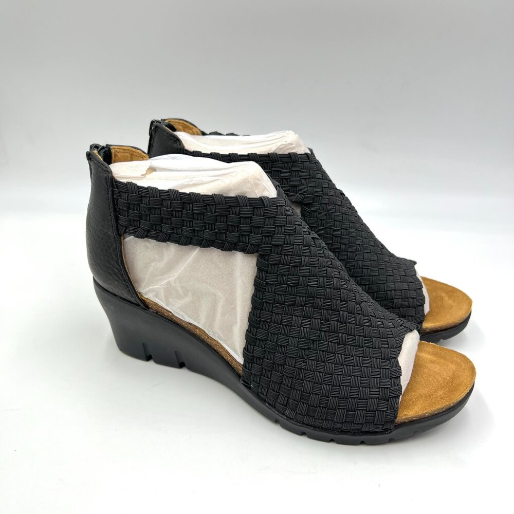 Comfortiva Womens Size 6.5 Black Leather‎ Textile Woven Wedges Sandals Shoes